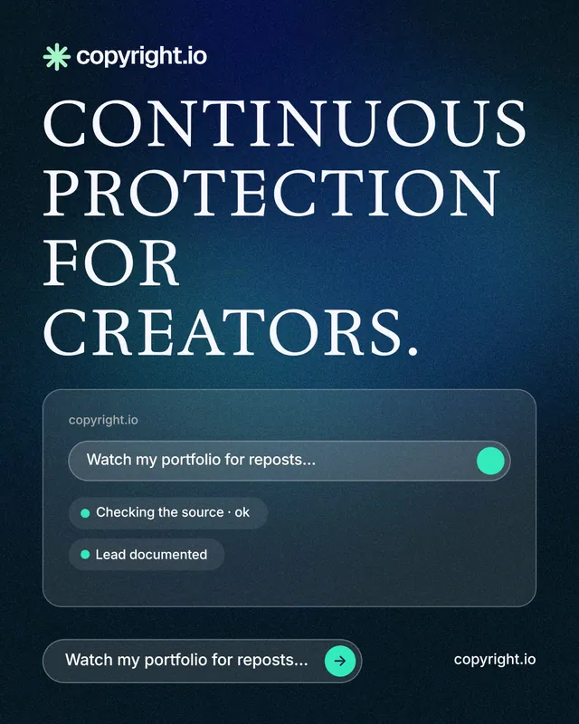 Instagram portrait post for copyright.io: "Continuous protection for creators." Agentic glass style, poster layout, dark palette in black, blue, grey.