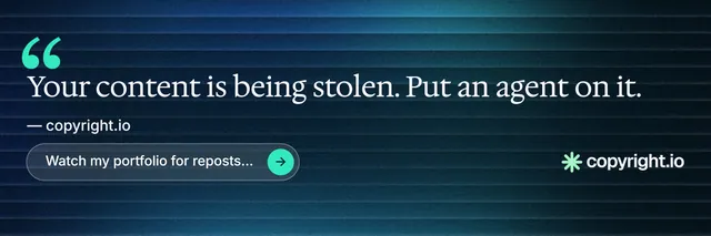 X header for copyright.io: "Reposts don't remove themselves." Agentic glass style, quote layout, dark palette in blue, black.