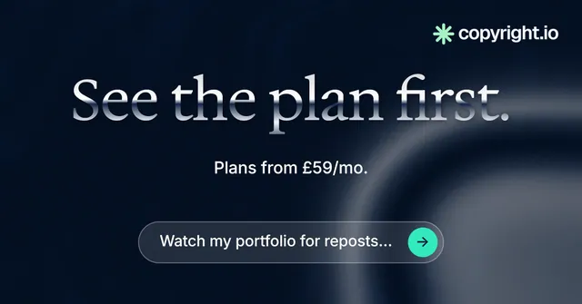Social ad for copyright.io: "See the plan first." Agentic glass style, centred layout, dark palette in black, grey, blue.
