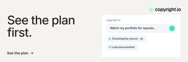 X header for copyright.io: "See the plan first." Minimal luxury style, bottom layout, light palette in white, grey.