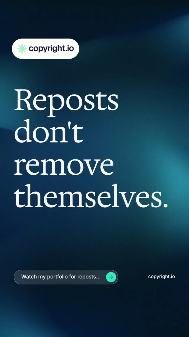 Instagram story for copyright.io: "Reposts don't remove themselves." Agentic glass style, poster layout, dark palette in blue, black.