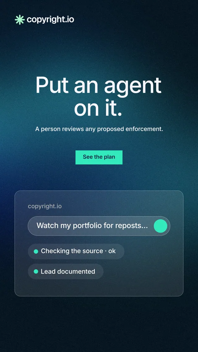 Instagram story for copyright.io: "Put an agent on it." Swiss style, centred layout, dark palette in blue, black.