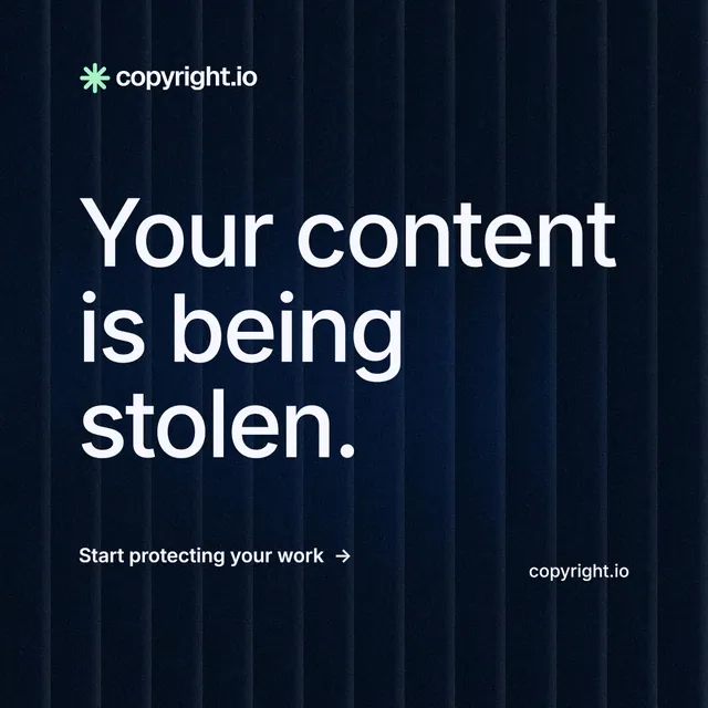 Instagram post for copyright.io: "Your content is being stolen." Minimal luxury style, poster layout, dark palette in black, blue.