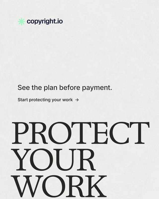 Instagram portrait post for copyright.io: "Protect your work." Minimal luxury style, oversized layout, light palette in white, grey.
