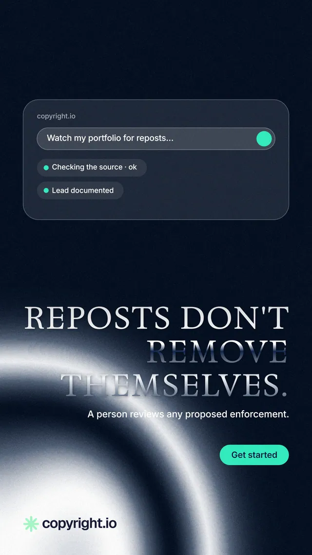 Instagram story for copyright.io: "Reposts don't remove themselves." Y2K style, right layout, dark palette in black, blue, grey.