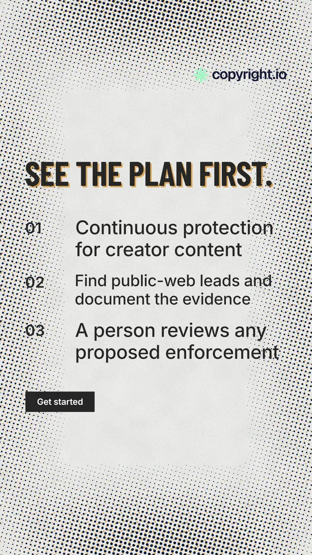 Instagram story for copyright.io: "See the plan first." Retro print style, numbered layout, light palette in grey, white.
