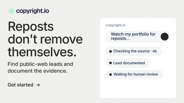 Landscape graphic for copyright.io: "Reposts don't remove themselves." Minimal luxury style, bottom layout, light palette in white, grey.