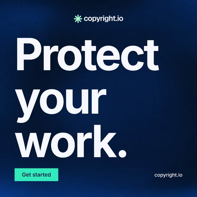 Instagram post for copyright.io: "Protect your work." Swiss style, poster layout, dark palette in blue, black, teal.