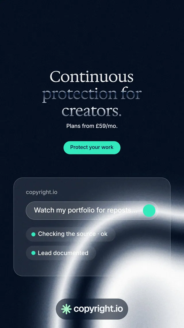 Instagram story for copyright.io: "Continuous protection for creators." Y2K style, centred layout, dark palette in black, blue, grey.