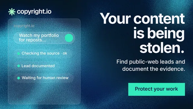 Landscape graphic for copyright.io: "Your content is being stolen." Swiss style, right layout, dark palette in teal, black, blue.