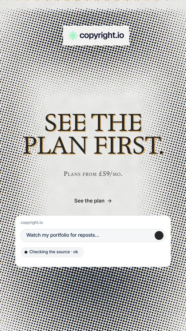 Instagram story for copyright.io: "See the plan first." Retro print style, smallcaps layout, light palette in grey, white.