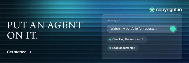 X header for copyright.io: "Put an agent on it." Minimal luxury style, bottom layout, dark palette in black, blue.