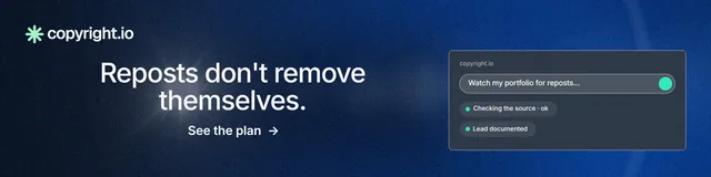 LinkedIn banner for copyright.io: "Reposts don't remove themselves." Minimal luxury style, skeleton layout, dark palette in blue.