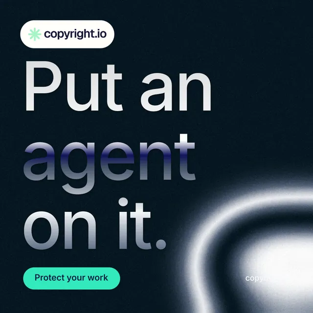 Instagram post for copyright.io: "Put an agent on it." Y2K style, poster layout, dark palette in black, teal, grey.