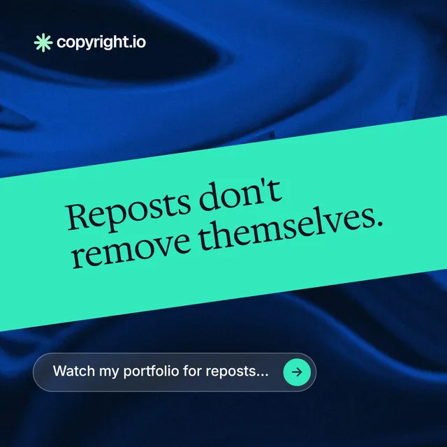 Instagram post for copyright.io: "Reposts don't remove themselves." Agentic glass style, diagonal layout, dark palette in teal, black, blue.
