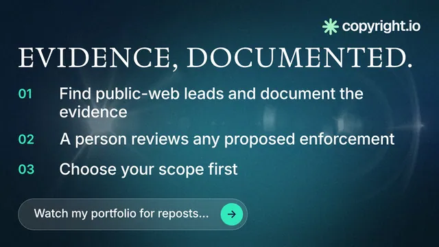 Landscape graphic for copyright.io: "Evidence, documented." Agentic glass style, numbered layout, dark palette in blue, black, teal.