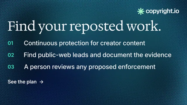 Landscape graphic for copyright.io: "Find your reposted work." Minimal luxury style, numbered layout, dark palette in blue, grey.
