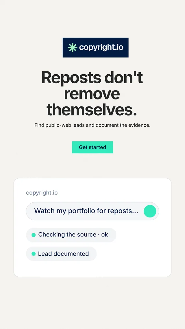 Instagram story for copyright.io: "Reposts don't remove themselves." Swiss style, centred layout, light palette in white, grey.
