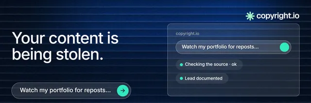 X header for copyright.io: "Your content is being stolen." Agentic glass style, bottom layout, dark palette in blue, black.
