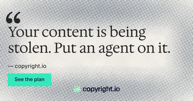 Social ad for copyright.io: "See the plan first." Retro print style, quote layout, light palette in grey, white.