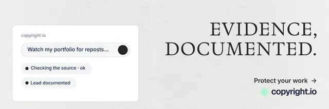 X header for copyright.io: "Evidence, documented." Minimal luxury style, right layout, light palette in white, grey.