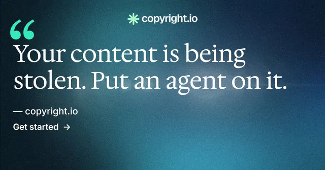 Social ad for copyright.io: "Find your reposted work." Minimal luxury style, quote layout, dark palette in blue, teal.