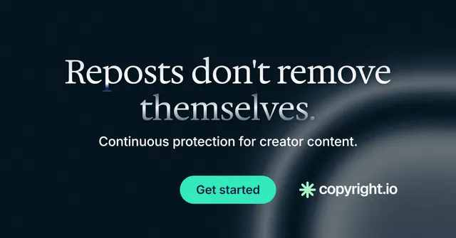 Social ad for copyright.io: "Reposts don't remove themselves." Y2K style, centred layout, dark palette in black, grey, blue.