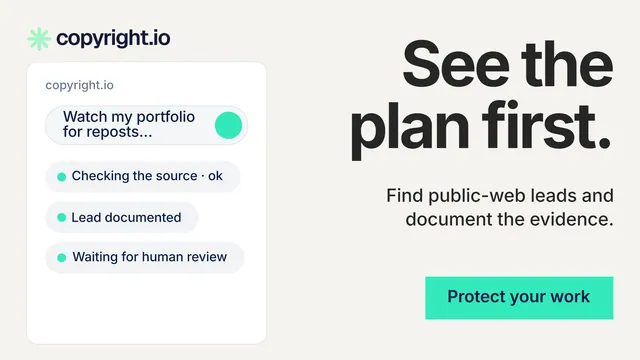 Landscape graphic for copyright.io: "See the plan first." Swiss style, right layout, light palette in white, grey.