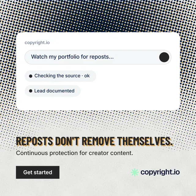 Instagram post for copyright.io: "Reposts don't remove themselves." Retro print style, bottom layout, light palette in white, grey.