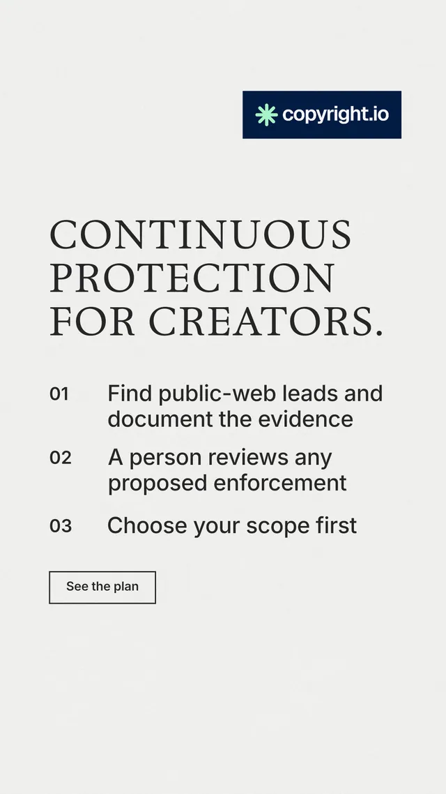 Instagram story for copyright.io: "Continuous protection for creators." Editorial style, numbered layout, light palette in white, grey.