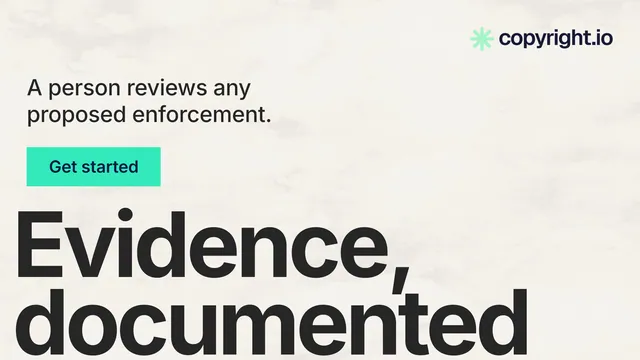 Landscape graphic for copyright.io: "Evidence, documented." Swiss style, oversized layout, light palette in white, grey, green.
