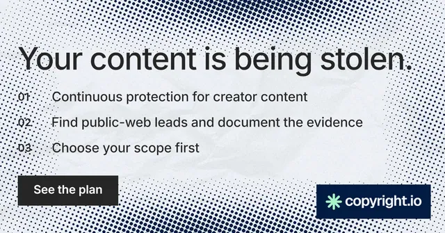 Social ad for copyright.io: "Your content is being stolen." Retro print style, numbered layout, light palette in grey, white.