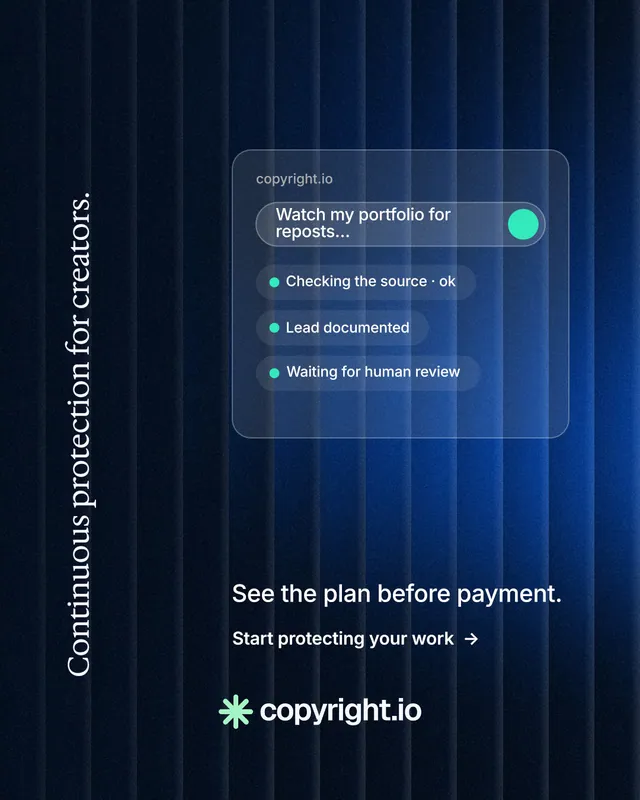 Instagram portrait post for copyright.io: "Continuous protection for creators." Minimal luxury style, vertical layout, dark palette in black, blue.