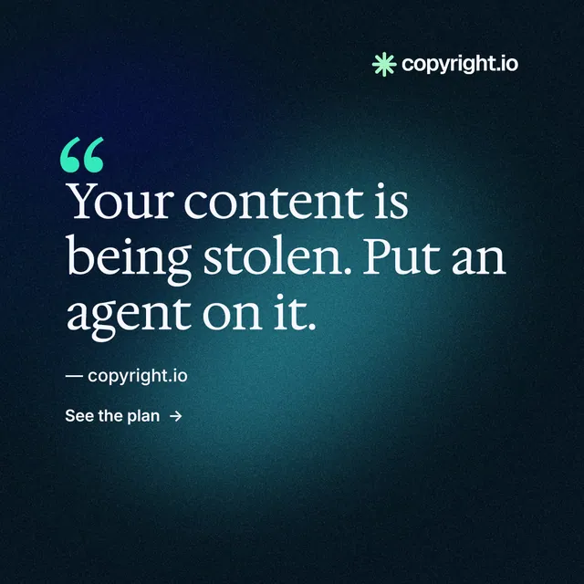 Instagram post for copyright.io: "See the plan first." Minimal luxury style, quote layout, dark palette in black, blue, teal.