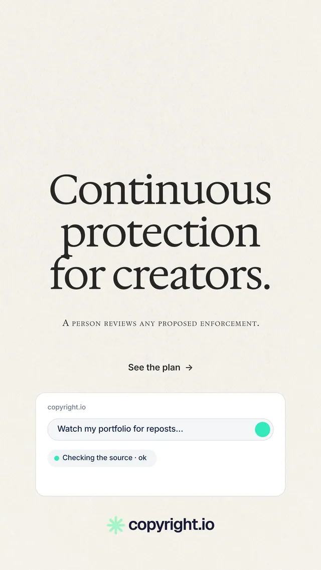 Instagram story for copyright.io: "Continuous protection for creators." Minimal luxury style, smallcaps layout, light palette in white.