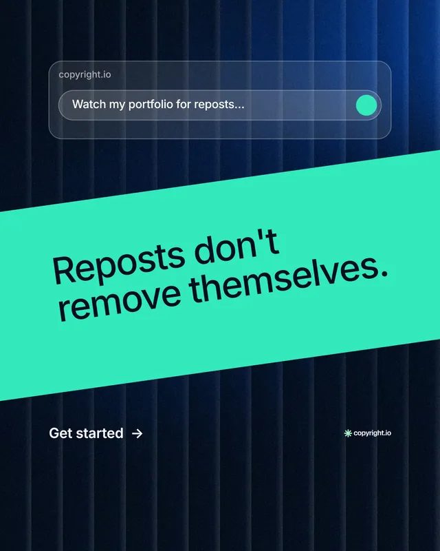 Instagram portrait post for copyright.io: "Reposts don't remove themselves." Minimal luxury style, diagonal layout, dark palette in teal, black, blue.