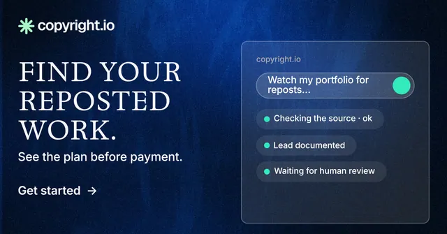 Social ad for copyright.io: "Find your reposted work." Minimal luxury style, bottom layout, dark palette in blue, black.