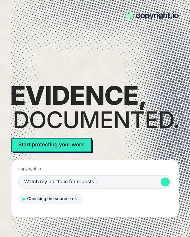 Instagram portrait post for copyright.io: "Evidence, documented." Brutalist style, stacked layout, light palette in grey, white.