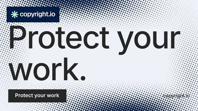 Landscape graphic for copyright.io: "Protect your work." Swiss style, poster layout, light palette in white, blue, grey.