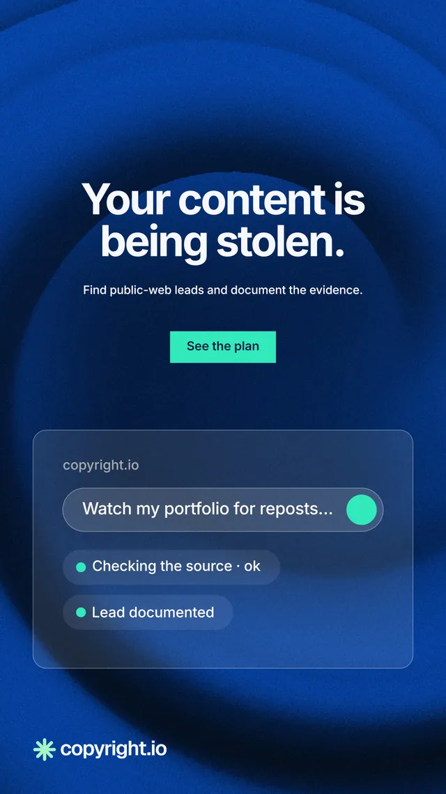 Instagram story for copyright.io: "Your content is being stolen." Swiss style, centred layout, dark palette in blue.