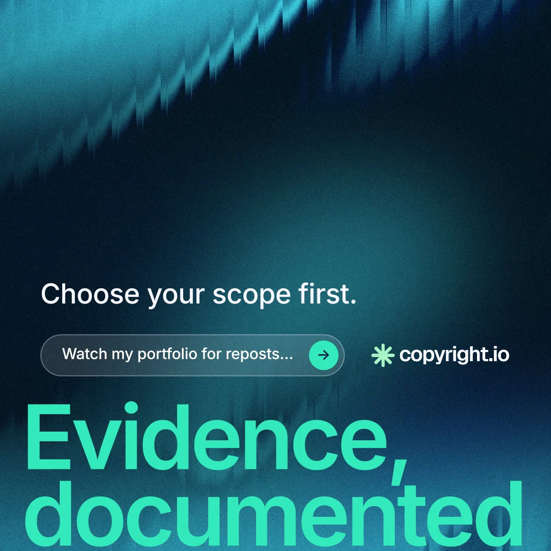 Instagram post for copyright.io: "Continuous protection for creators." Agentic glass style, oversized layout, dark palette in black, blue, teal.