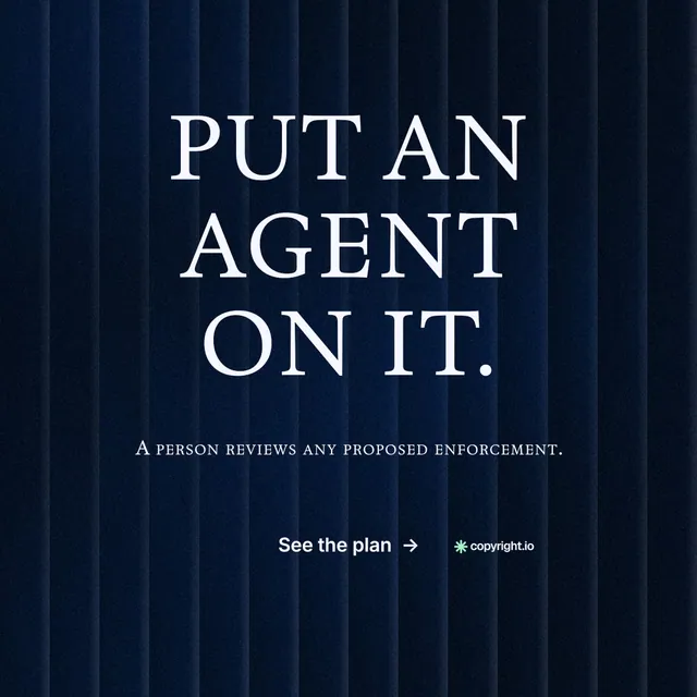 Instagram post for copyright.io: "Put an agent on it." Agentic glass style, smallcaps layout, dark palette in black, blue.