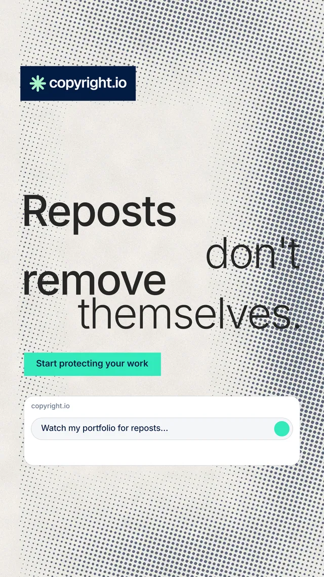 Instagram story for copyright.io: "Reposts don't remove themselves." Swiss style, stacked layout, light palette in white, grey.