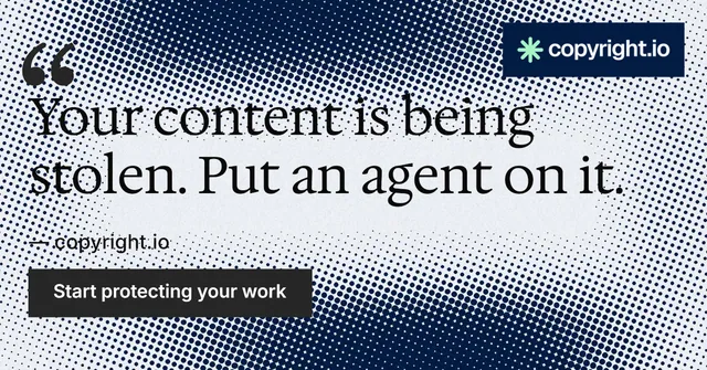 Social ad for copyright.io: "Protect your work." Retro print style, quote layout, light palette in blue, grey, white.