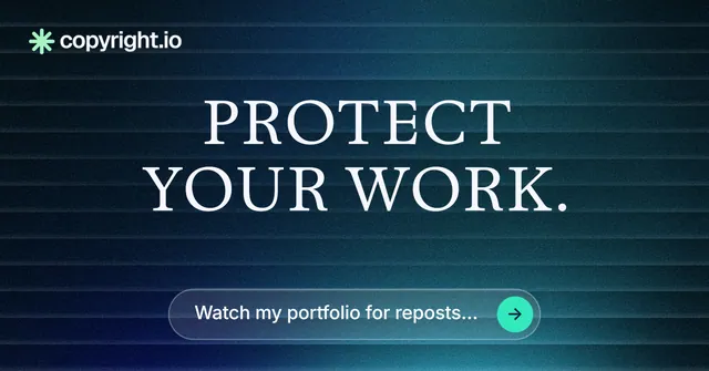 Social ad for copyright.io: "Protect your work." Agentic glass style, centred layout, dark palette in blue, black.