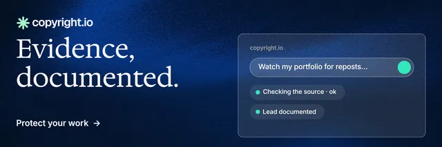 X header for copyright.io: "Evidence, documented." Minimal luxury style, bottom layout, dark palette in blue, black.
