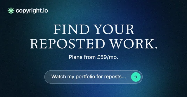 Social ad for copyright.io: "Find your reposted work." Agentic glass style, centred layout, dark palette in blue, black.