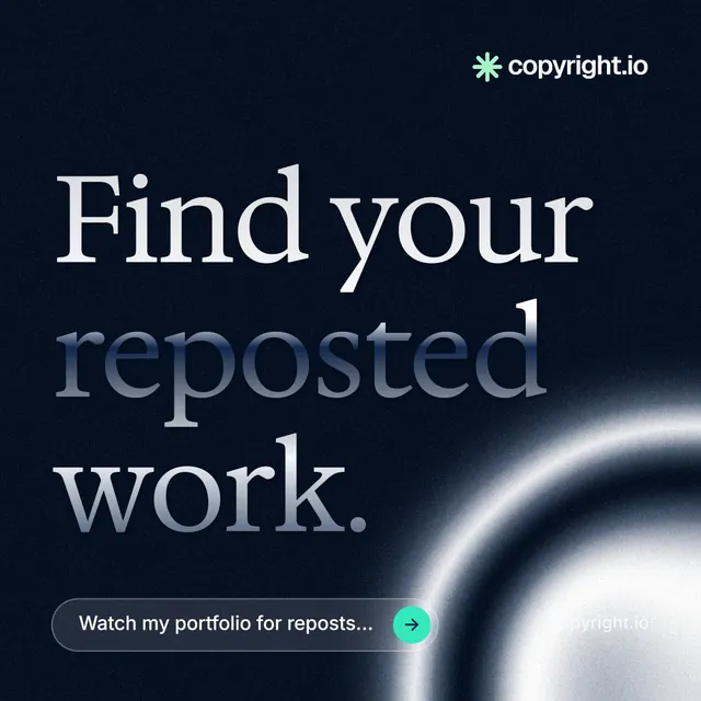 Instagram post for copyright.io: "Find your reposted work." Agentic glass style, poster layout, dark palette in black, blue, grey.