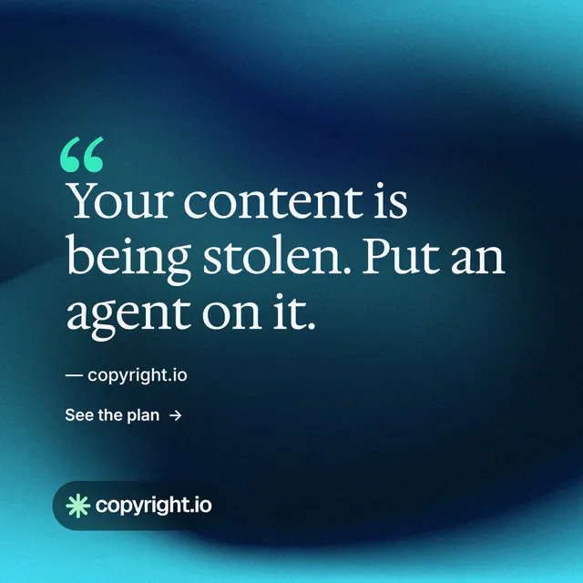 Instagram post for copyright.io: "Find your reposted work." Minimal luxury style, quote layout, dark palette in blue, black, teal.