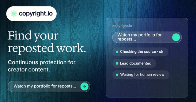Social ad for copyright.io: "Find your reposted work." Agentic glass style, bottom layout, dark palette in blue.